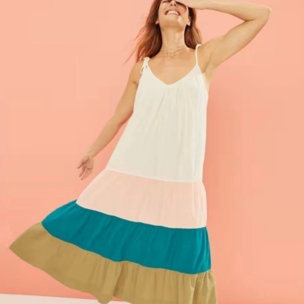 Old Navy Tiered Color-Block cotton Maxi Swing Dress tassels sleeveless Large